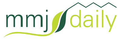 Logo with the text "mmj daily" in green and yellow-green letters, featuring a leaf design integrated into the letters.